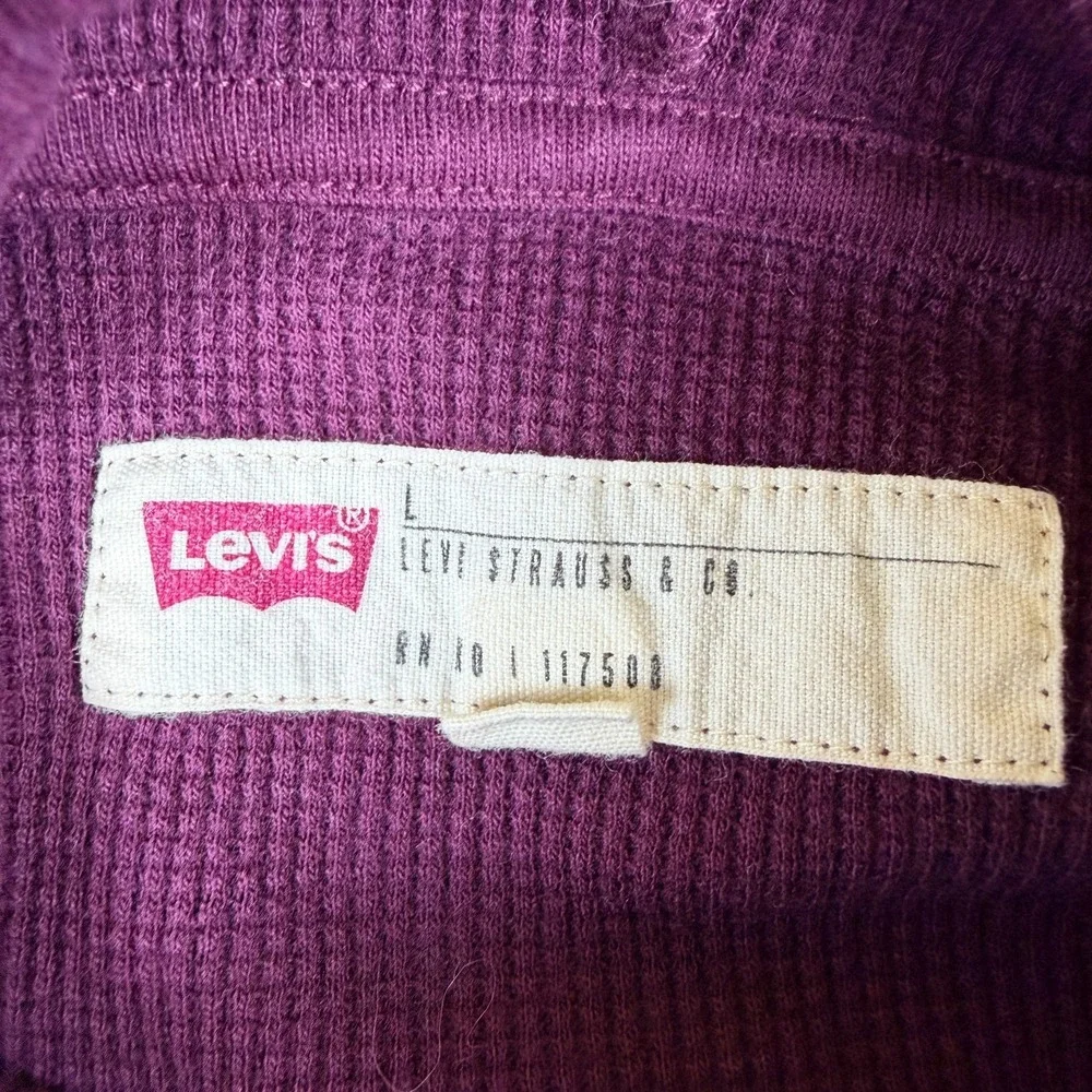 Levi's Thermal Hoodie Men Large Burgundy Waffle Knit Cotton Pullover Relaxed Fit